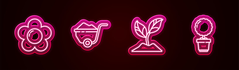 Sticker - Set line Flower, Wheelbarrow with dirt, Plant and in pot. Glowing neon icon. Vector