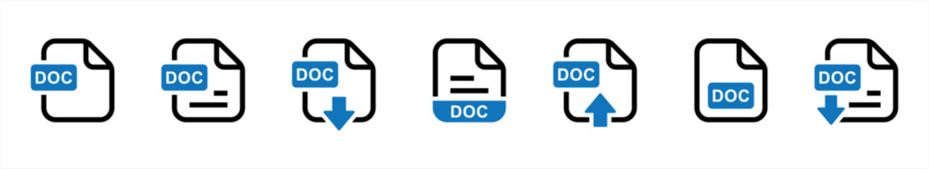 Poster - doc file format icon set in line style. format information, document text, doc file download, text d