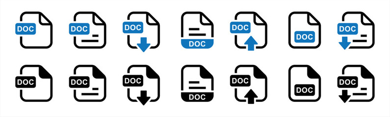 Poster - doc file format icon set in line style. format information, document text, doc file download, text d