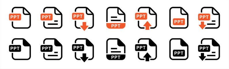 Poster - ppt file format icon set in line style. format information, document text, ppt file download, text d