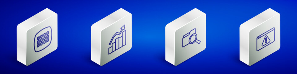 Sticker - Set Isometric line Binary code, Financial growth, Search with folder and Browser exclamation mark icon. Vector