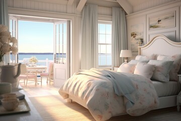 Wall Mural - A dreamlike capture of a coastal-themed bedroom with pastel hues, cozy textiles, and an unobstructed view of the sea