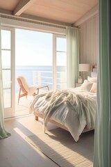 Wall Mural - A dreamlike capture of a coastal-themed bedroom with pastel hues, cozy textiles, and an unobstructed view of the sea