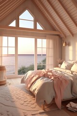 Wall Mural - A dreamlike capture of a coastal-themed bedroom with pastel hues, cozy textiles, and an unobstructed view of the sea