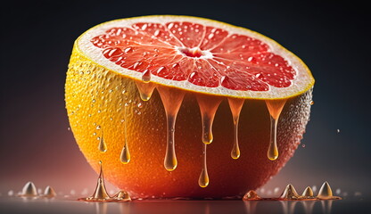 Wall Mural - A juicy half of a grapefruit with drops of juice dripping from it.Generative AI