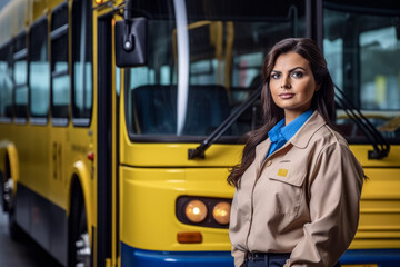 Woman in uniform shirt standing next to open doors of yellow school bus, female driver. Generative AI