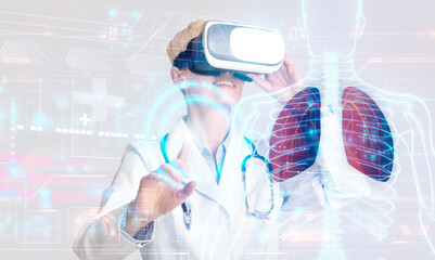 Aufkleber - Blonde woman doctor looking at hologram of lungs, using VR