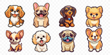 Small Breed Dogs Stickers. Chihuahua, French Bulldog, Cavalier King Charles Spaniel, Welsh Corgi, Papillon Dog Portrait. Very Cute Generative Ai Illustration Of Toy Dog.