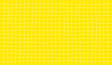 Distorted Background With White Cage On Yellow. Abstract Psychedelic Pattern With Wavy Doodle Stripes. Vector Groovy Y2K Checker Texture