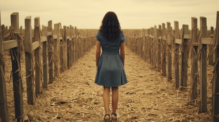 Canvas Print - A woman in a blue dress standing in a field. Generative AI image.