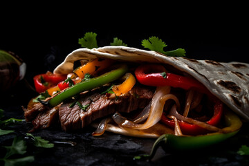 Wall Mural - a close up of beef fajita tacos on a shiny surface with a black background, AI generated art, Generative AI, illustration,