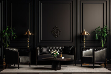 Black sofa and armchairs against of black classic paneling wall. Art deco style interior design of modern living room | Generative AI