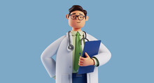 3d Render, Caucasian Male Doctor Wears Glasses And Holds Blue Clipboard. Medical Clip Art Isolated On Blue Background. Health Insurance Concept. Professional Therapist, Hospital Assistant