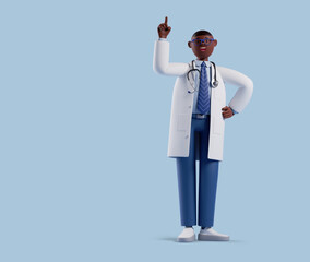 Wall Mural - 3d render, full body african cartoon character. Black doctor wears glasses, shows finger up. Medical health care clip art isolated on blue background. Idea or solution concept