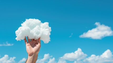 Poster - A person holding a cloud in the air. Generative AI image.