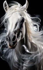 Wall Mural - A white horse with long hair blowing in the wind. Generative AI image.