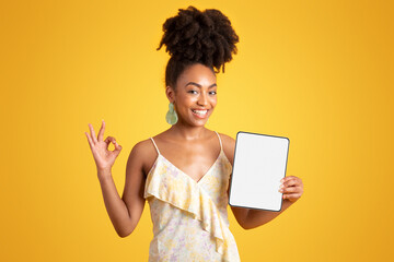 glad millennial african american lady show tablet with blank screen and ok sign with hand