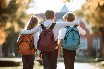 Canvas Print - School friends go to school, view from the back. Back To School concept. Background with selective focus