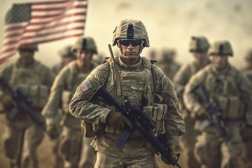 Portrait of an American soldier in the ranks with selective focus. AI generated, human enhanced