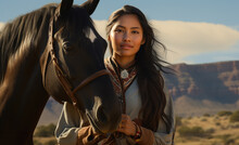 Portrait Of A Native American Indian Woman And Her Horse