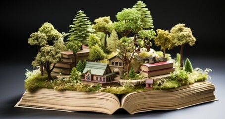 Canvas Print - An open book with miniature houses and trees on top of it. Generative AI image.