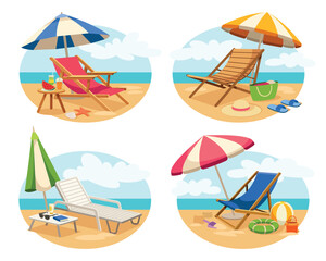 Beach chairs set. Wooden beds on shore by sea or ocean for sunbathing with umbrellas, swords and life buoy. Travel, vacation and tourism concept. Cartoon flat vector illustrations on white background