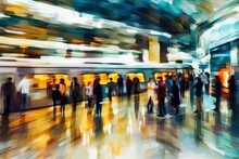 Image Of Railway Station With Blurred Traffic Of People. Oil Painting Style. Generative AI 