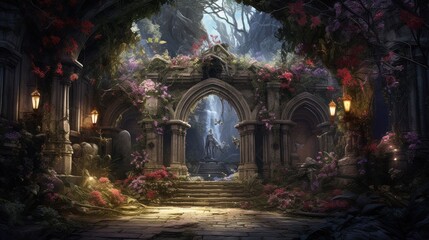 Illustrate a series of intricate archways adorned with colorful flowers and foliage, leading deeper into the beauty cave game art