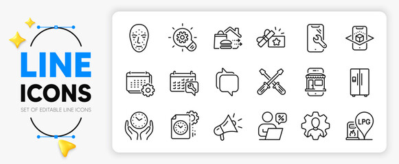 Food delivery, Professional and Megaphone line icons set for app include Smartphone repair, Gas station, Messenger outline thin icon. Refrigerator, Screwdriverl, Marketplace pictogram icon. Vector