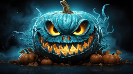 Canvas Print - A halloween pumpkin with glowing eyes surrounded by pumpkins. Generative AI image.