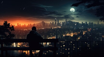 Wall Mural - A person sitting on a bench overlooking a city at night. Generative AI image.