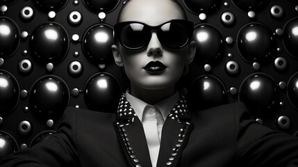 Sticker - A woman in a suit and sunglasses surrounded by balls. Generative AI image.