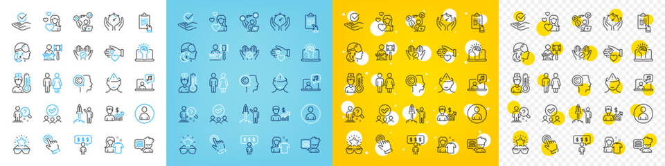 Vector icons set of Volunteer, Cursor and Insomnia line icons pack for web with Mental health, Employee benefits, Music outline icon. Business growth, Writer, Launch project pictogram. Vector