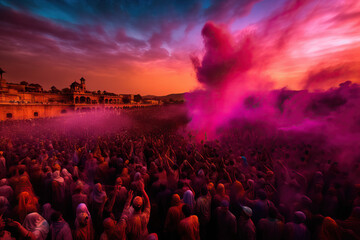 Colorful Spectacle: Aerial View of the Vibrant Indian Holi Festival