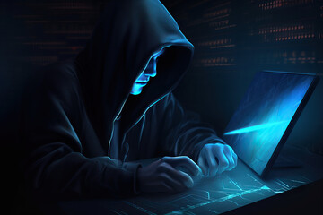 Fototapete - A skilled individual amidst a digital glow, navigating the virtual world with expertise