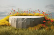 © zaschnaus - 3D rendering of a natural podium with a stone base surrounded by yellow and red flowers, grass, and a cloudy sky. The scene can be used as a background for product displays, advertising. Generative AI