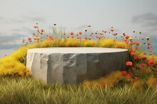 3D Rendering Of A Natural Podium With A Stone Base Surrounded By Yellow And Red Flowers, Grass, And A Cloudy Sky. The Scene Can Be Used As A Background For Product Displays, Advertising. Generative AI