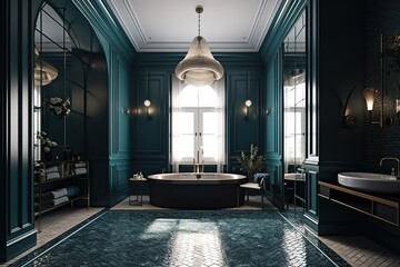 Wall Mural - interior of a luxury bathroom with bathtub, lamps & mirror