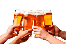 Four Hands Holding Beer Pints On Isolated Transparent Background
