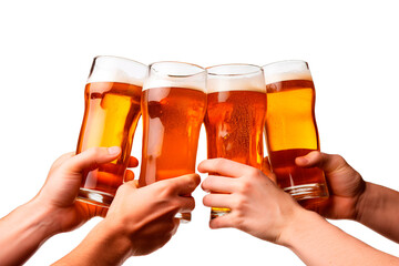 Four hands holding beer pints on isolated transparent background