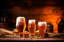 Craft Beer Presentation Over Wooden Background. Oktober Fest Concept