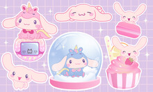 Big Sticker Set  Cute Cartoon Pink Bunny With Cupcakes, Macarons, Unicorn, Snowflake On Purple Background. Kawaii Sticker Pack 