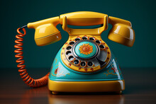 A Cute Retro Antique Rotary Phone With Flowers Isolated On A Blue Background