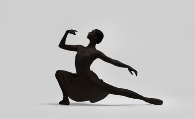 Wall Mural - Beautiful ballerina dancing on light background. Dark silhouette of dancer