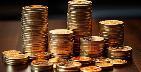 Sticker - A pile of coins sitting on top of a wooden table. Generative AI image.