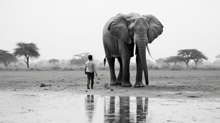 Sticker - A man standing next to an elephant in a field. Generative AI image.