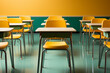 minimalist image of school desks in soft yellow and green colors, back to school concept