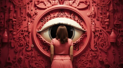 Wall Mural - A woman standing in front of a red wall with large eye on it. Generative AI image.