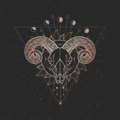 Wall Mural - vector illustration with hand drawn ram skull and sacred geometric symbol on black vintage backgroun