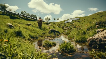 Sticker - A man walking across a lush green hillside. Generative AI image.